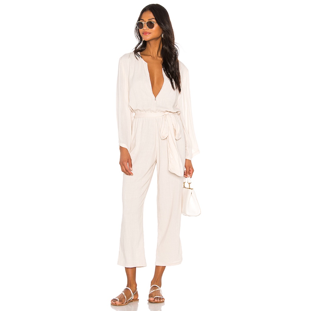 Indah Cream Long Sleeve Tie-Waist Jumpsuit